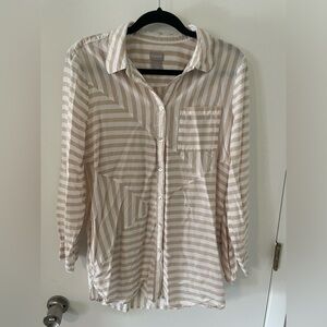 Chico’s tan and white striped long sleeve shirt with pockets.